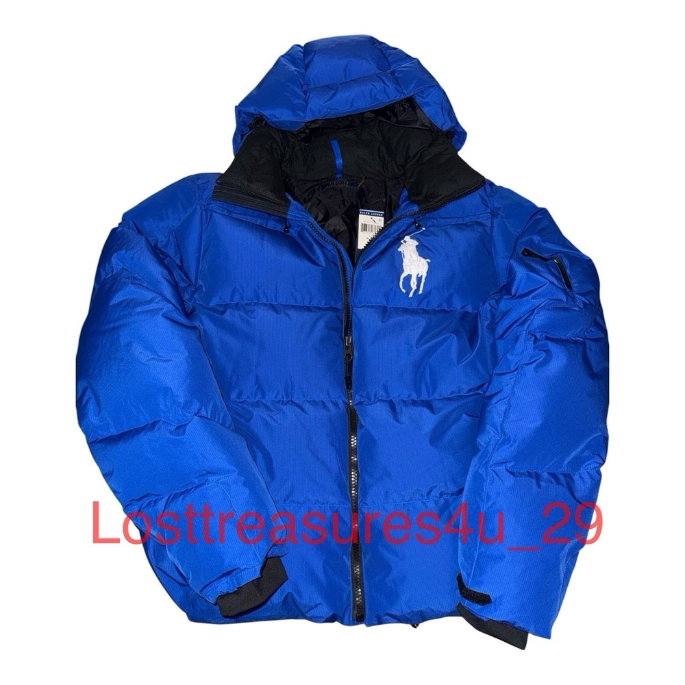Polo Ralph Lauren Men's XL White Big Pony Hooded Down Puffer Jacket Blue New